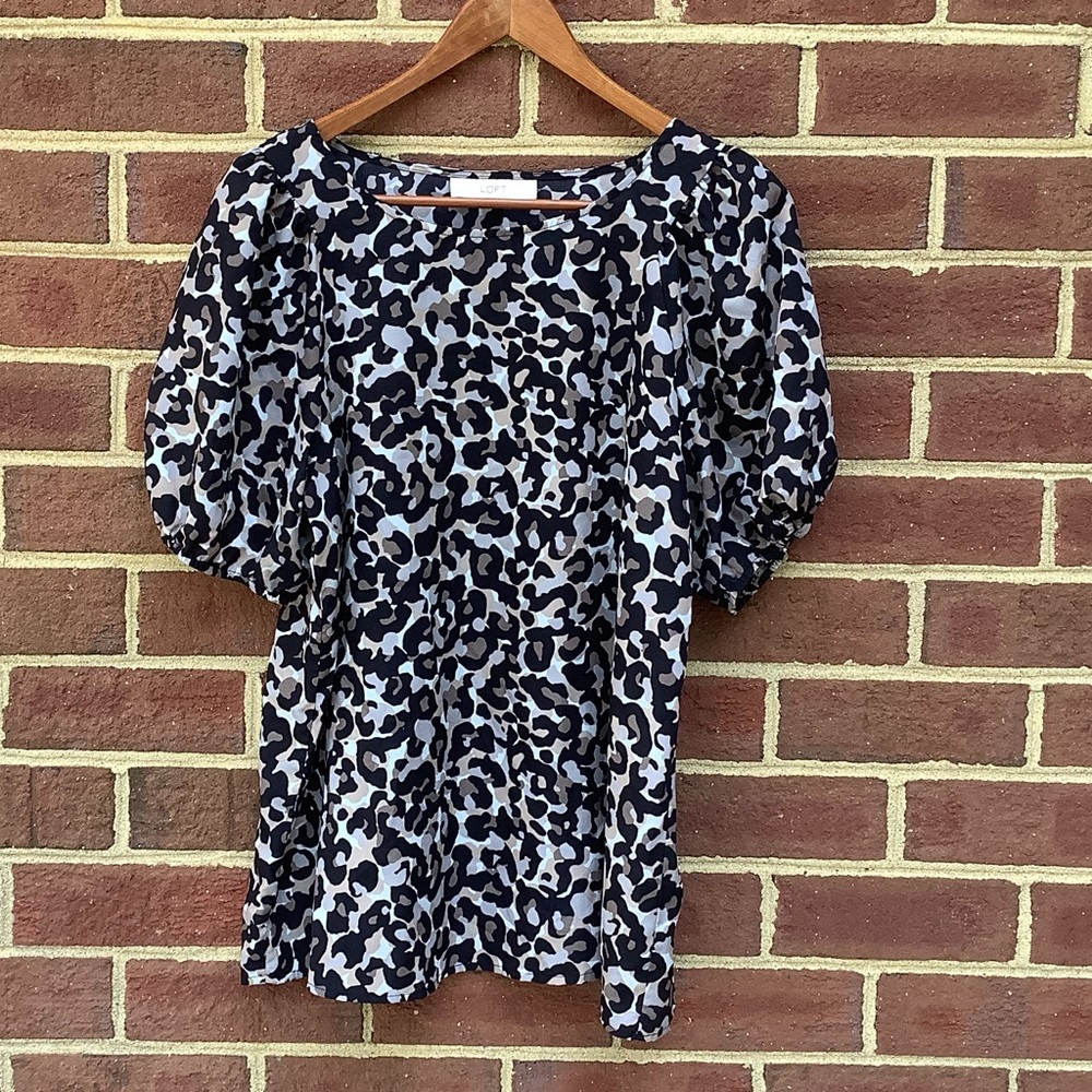 EUC LOFT Animal Print Blouse Puff Short Sleeve Brown Black M